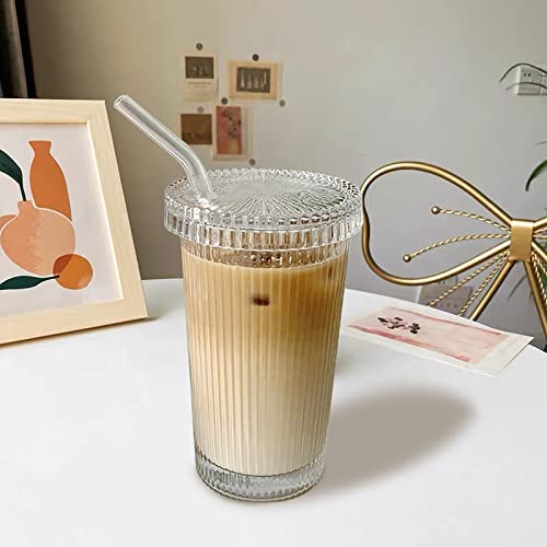 YAHUIPEIUS 12.5 oz Stripe Glass Tumbler with Lid & Straw