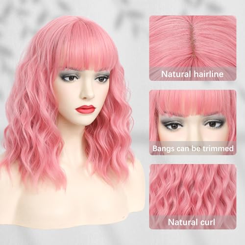 CLIONE Pink Bob Wig with Bangs - Short Wavy Synthetic Hair 14”