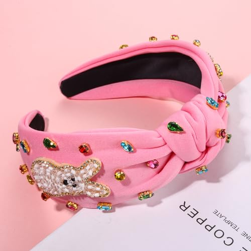 NVENF Easter Bunny Headband for Women - Beaded Rabbit Hairband (Bunny A - Pink)