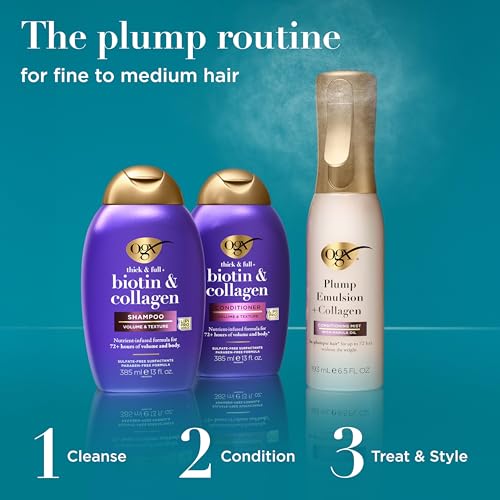 OGX Plump Emulsion + Collagen Conditioning Hair Mist, 6.5 oz - Volumizing Spray with Marula Oil for Fine Hair