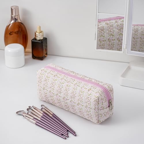 Two Pack Floral Cotton Makeup Bags for Women - Pink & Blue Travel Cosmetic Organizer