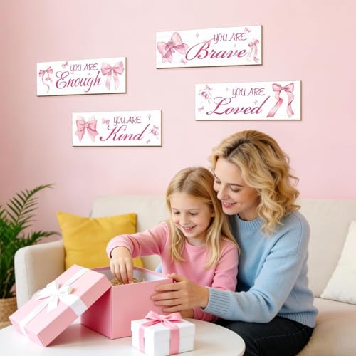 4-Piece Pink Bow Wall Decor Set with Positive Affirmations