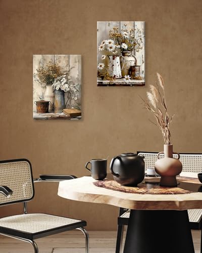 Farmhouse Daisy Canvas Wall Art Set - Vintage Floral Prints 12x16