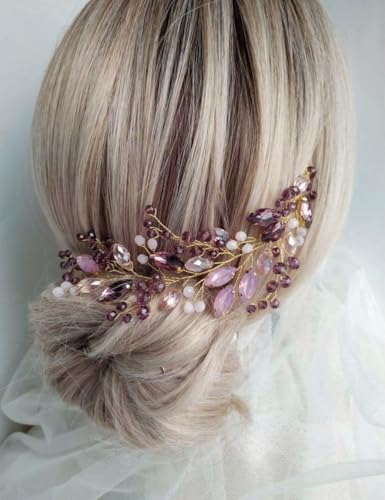 Aimimier Crystal Hair Vine, Boho Wedding Headband with Opal and Amethyst