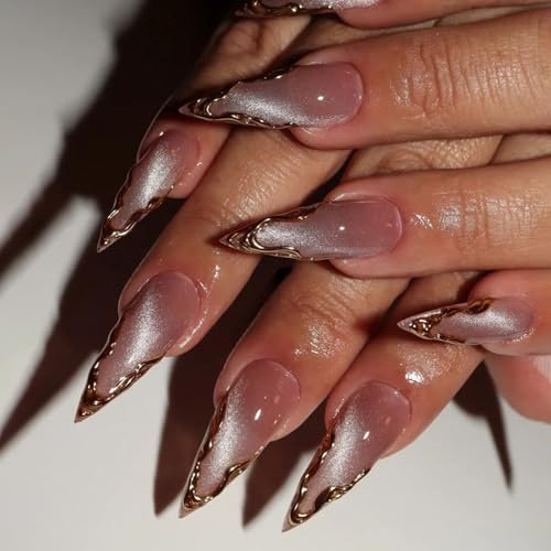 YQSWSTL Almond Cat Eye Press-On Nails Long Gold Edge Model QKS-BT-017-11
