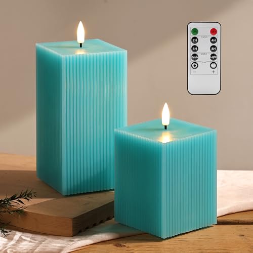 Turquoise Blue Flameless LED Candles with Remote Control - Set of 2