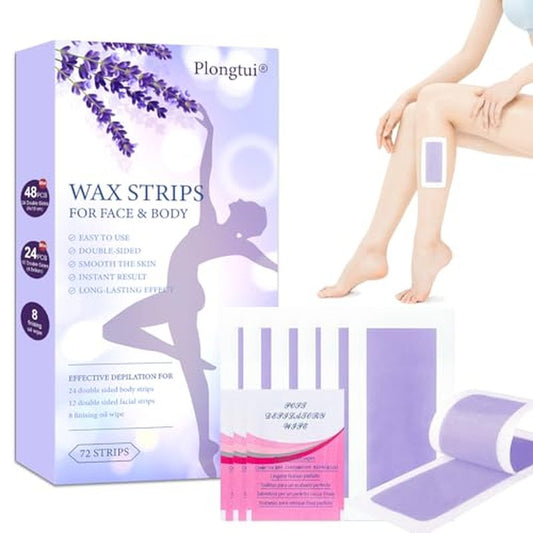 72PCS At Home Wax Strips for Hair Removal, Women & Men | 48 Body + 24 Face Wax Strips, 8 Calming Oil Wipes, Hypoallergenic for All Skin Types, Legs, Arms, Bikini, Brazilian, Back