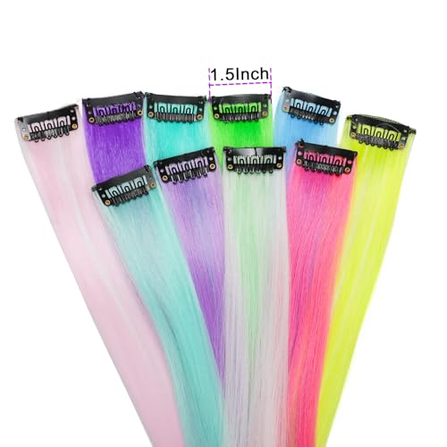 Glow in the Dark Clip-in Hair Extensions - 10 Colorful Pieces, 22 Inch