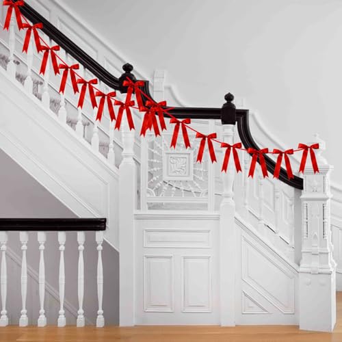 Red Bow Garland Banner Decoration - 6.7FT Pre-Strung Satin Ribbons