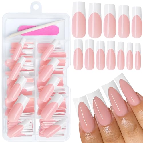 120ct White French Tip Press-On Nails Kit - Long Square Nude w/ White Tips & Adhesive Tabs