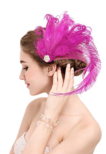 Z&X Handmade Peacock Feather Fascinator Hair Clip 015a- Rose Red