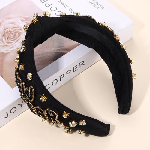 Happy New Year Beaded Knotted Headband with Crystals and Stars