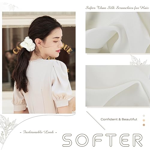 Helamvly 4 Pack Large White Silk Satin Scrunchies for Thick Hair - Handmade, Premium Quality