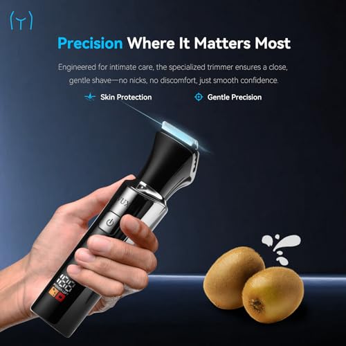 Electric Groin Hair Trimmer, LED Display Back Shaver for Men, Safety Lock, IPX7 Waterproof Wet/Dry Clippers, Rechargeable with Long Handle, Multi-Functional Back Trimmer for Men,(Pure Silver)