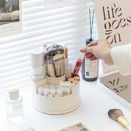 360 Rotating Makeup Organizer with Dust-Proof Lid - Beige