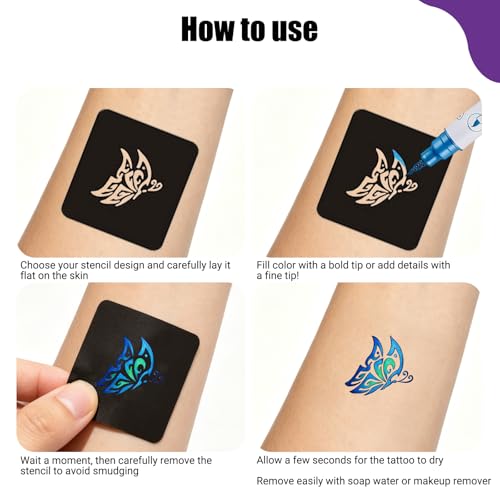 Joyeee Temporary Tattoo Marker Set, 10 Metallic Pens & 139 Stencils