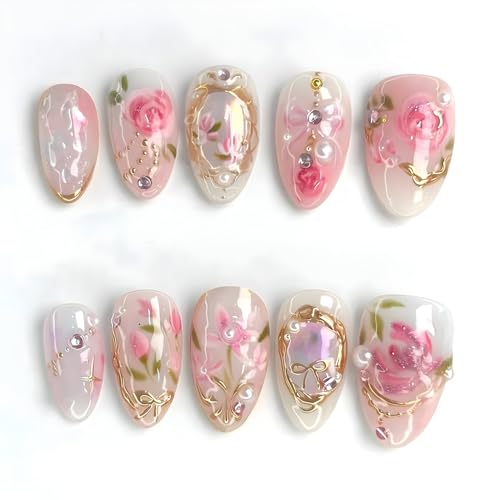 24Pcs Pink Almond Press On Nails with 3D Flower Design