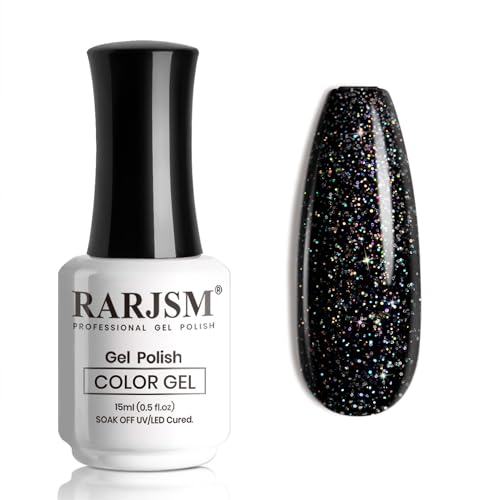 RARJSM Black Glitter Gel Nail Polish - Iridescent Rainbow Sparkle 15ML