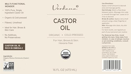 Verdana Organic Castor Oil – Cold Pressed & Hexane Free, 16 fl oz