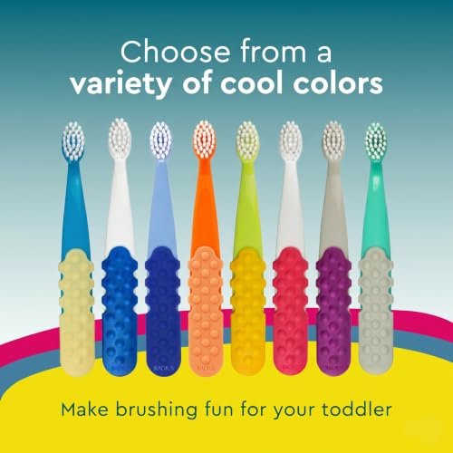 RADIUS Children's Toothbrush Totz Plus Pack of 3 – Extra Soft, BPA-Free, ADA Accepted, Blue/White/Greenyellow