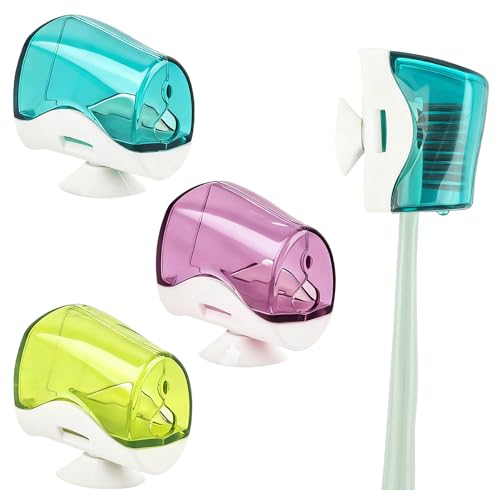 AUEAR 3-Pack Toothbrush Head Covers with Suction Cup, Anti-Dust Mirror Holder Case for Bathroom, Travel