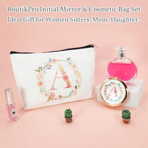 Rose Gold Personalized Initial Compact Mirror & Makeup Bag Set - Custom Gift for Women