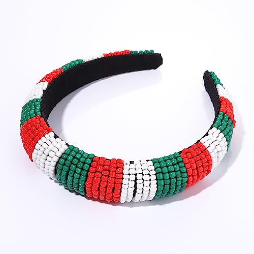 Christmas Headband for Women - Red Green White Beaded Hair Hoop
