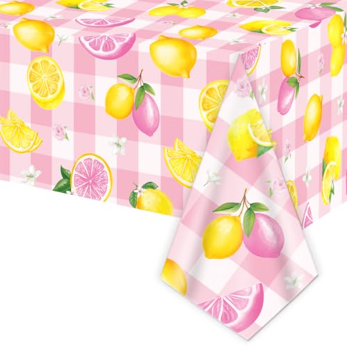 2-Pack Pink Plaid Lemon Tablecloths | Waterproof Floral Print