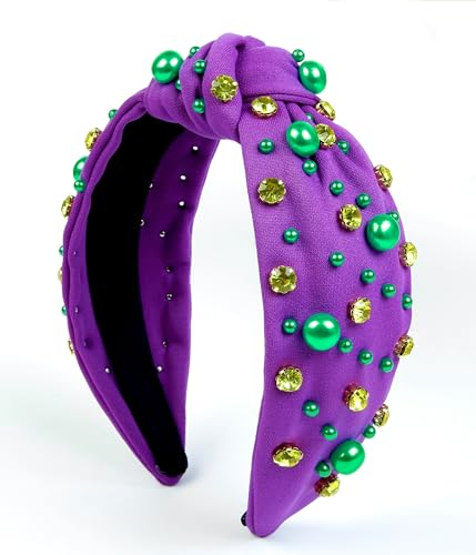 Huachi Mardi Gras Knotted Headband with Pearl and Rhinestone Accents
