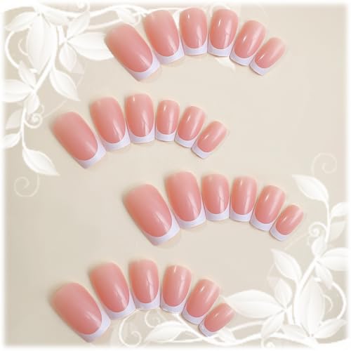 24 Pcs White French Tip Press-On Nails with Glue Stickers