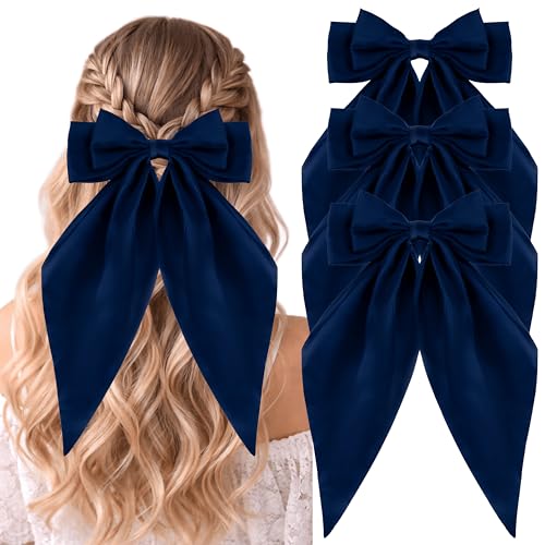 Navy Blue Silk Hair Bows 3P with Barrette Clips - Oversized Long Tail Coquette Style