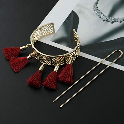 Vintage Alloy Hair Stick & Cuff Set with Tassel Pendants for Women and Girls