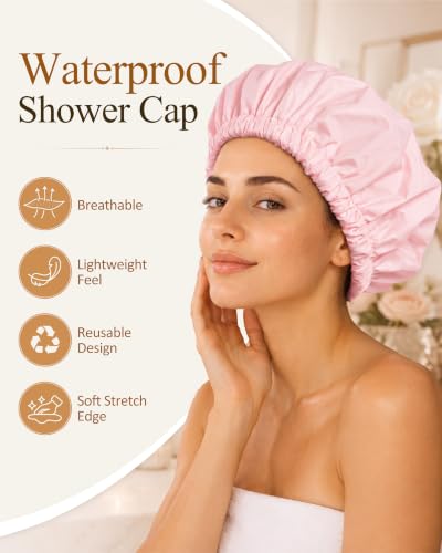 Edoneery Reusable Waterproof Shower Cap for Women Pink & Black