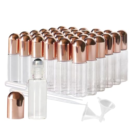 Clear Glass Essential Oil Roller Bottles 5ml Pack with Rose Gold Caps, Mini Refill Vials