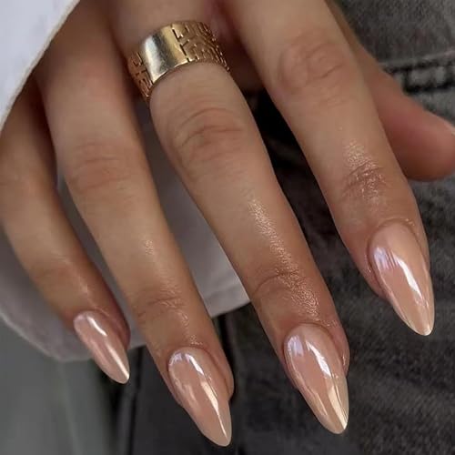 Nude Chrome Press on Nails - Almond Shape, 30 Pcs Reusable