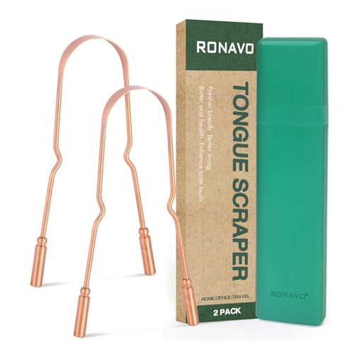 RONAVO Pure Copper Tongue Scraper for Adults - 2 Pack with Travel Case
