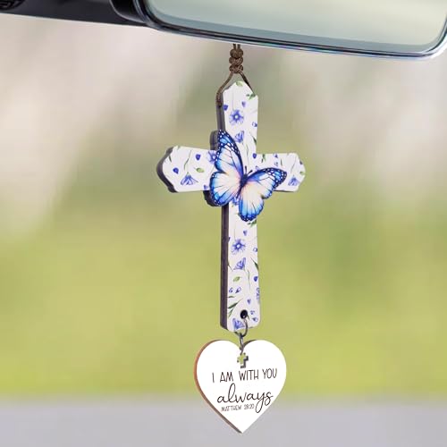 Christian Cross Car Mirror Charm with Blue Rose Butterfly