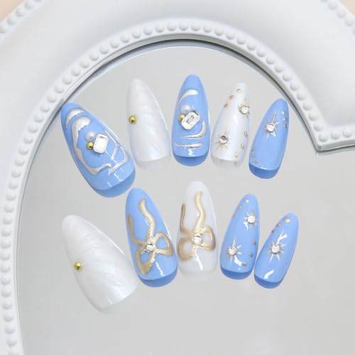 NBNTGH Blue White Press On Nails with Gold Star Design - Reusable Fake Almond Manicure Kit for Women & Girls, 24 Pcs
