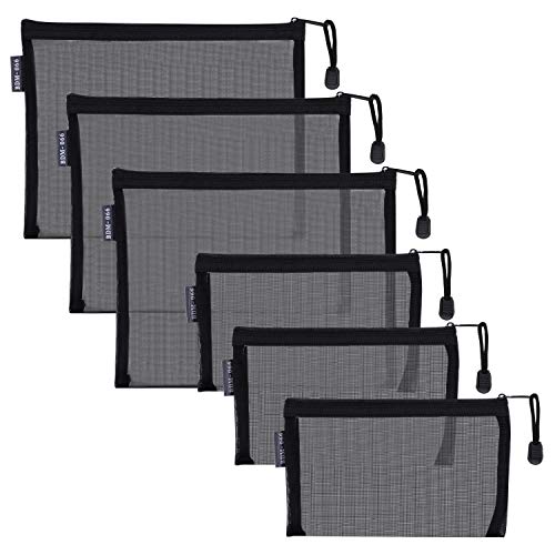 HRX 6pcs Mesh Makeup Bags for Travel - A5 & A6 Sizes, Black