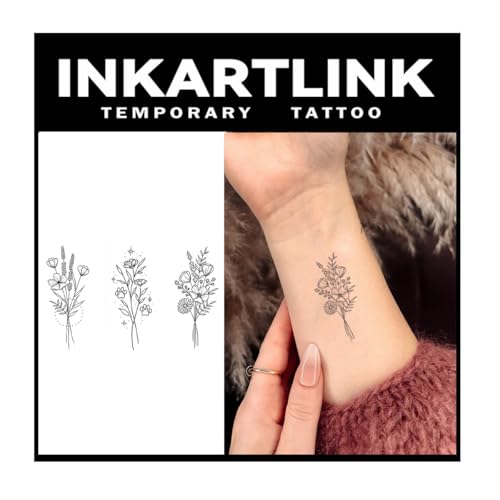 INKARTLINK Semi-Permanent Flower Tattoo Sheets M10 - 3 Bunches of Flowers, Waterproof & Long-Lasting