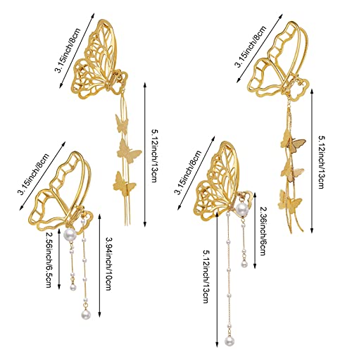 DonLeeving Butterfly Tassel Hair Clips 4 Pack - Big Gold Non-slip Claw Accessories for Women & Girls