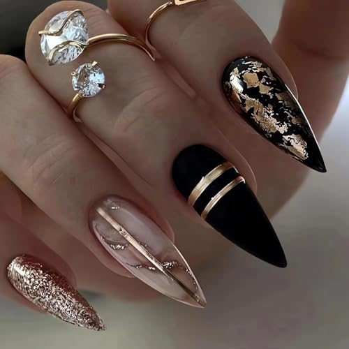 Medium Almond Press On Nails with Gold Foil - 24Pcs