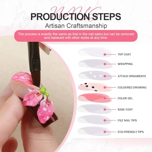 EclatNail Handmade Stiletto Press-on Nails, Pink French Tip with 3D Flowers