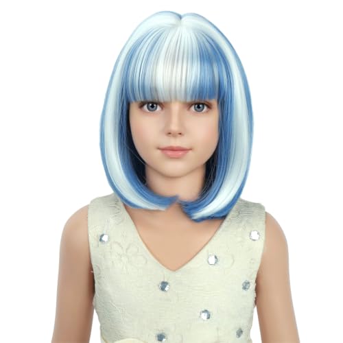 PATTNIUM Blue and White Bob Wig - Short Straight Wig with Bangs