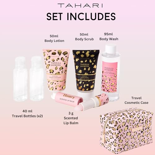 Tahari Vanilla Jasmine Spa Gift Set for Women – Leopard | Body Lotion, Wash, Scrub & Lip Balm Travel Kit