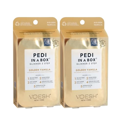 VOESH Pedi in a Box Glimmer 2 Pack Golden Sparkly Spa Pedicure Kit for DIY Foot Care