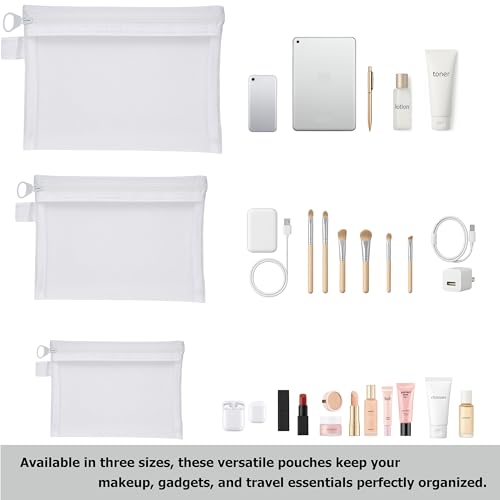 White Mesh Zippered Travel Pouch Set - Quotidian 3 Sizes, Lightweight & Durable