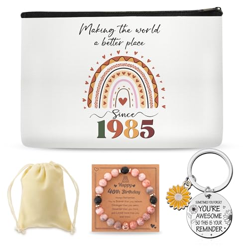40th Birthday Gifts for Women Her - Personalized Makeup Bag, Natural Stone Bracelet & Keychain - 1985 Inspired 40 Year Old Decoration - 40th Birthday Decoration Gifts