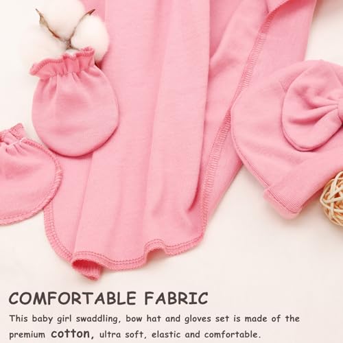 DRESHOW Newborn Receiving Blanket Set with Bow Hat & Mittens