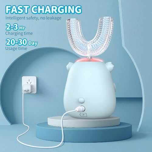 Kids Electric Toothbrush - U-Shaped Sonic Cleaning, 6 Modes, 4 Heads, Cute Koala Design (2-6 Age, Grey Blue)